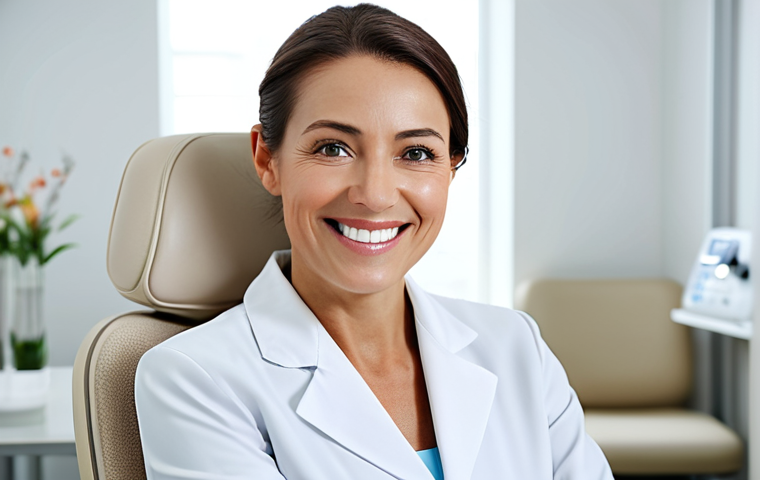 A confident professional woman in a modest business dress, smiling gently, with bright, rejuvenated eyes. She is sitting in a clean, modern aesthetic clinic consultation room, soft natural light illuminating her face. The background features blurred, subtle medical equipment and a comfortable chair. fully clothed, appropriate attire, safe for work, perfect anatomy, correct proportions, natural pose, well-formed hands, proper finger count, natural body proportions, professional photography, high quality, family-friendly.