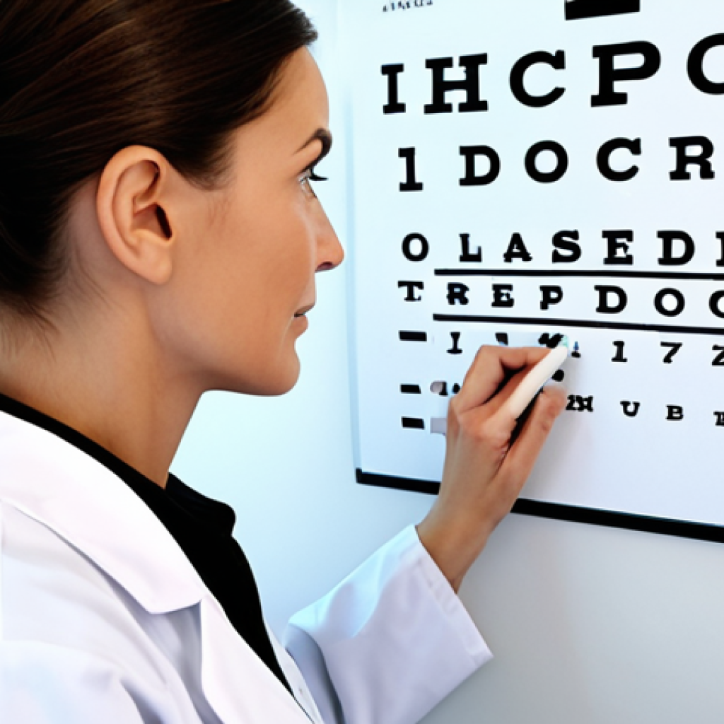 황반변성 치료 약물 - A professional female doctor, fully clothed in a modest lab coat, examining an eye chart in a bright...
