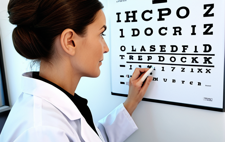 황반변성 치료 약물 - A professional female doctor, fully clothed in a modest lab coat, examining an eye chart in a bright...