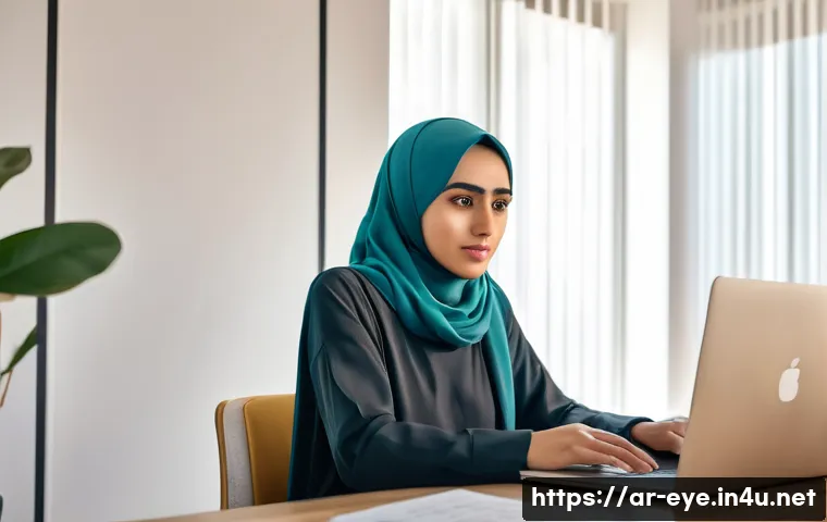 안구건조증 원인 제거 - **Prompt:** A young Arab woman in her late 20s is working from home, sitting at a desk with a laptop...