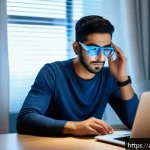 눈 관리 홈케어 팁 - A modern Middle Eastern home office scene with a young Arab man wearing blue light blocking glasses,...