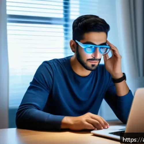 눈 관리 홈케어 팁 - A modern Middle Eastern home office scene with a young Arab man wearing blue light blocking glasses,...