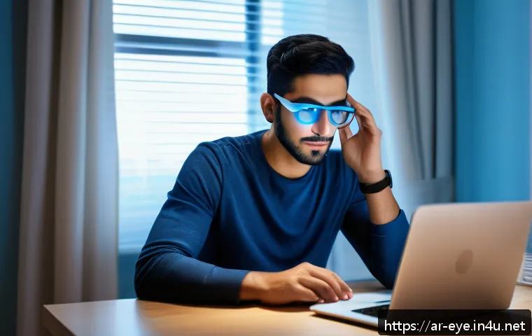 눈 관리 홈케어 팁 - A modern Middle Eastern home office scene with a young Arab man wearing blue light blocking glasses,...