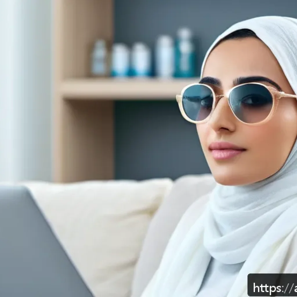 안구건조증 눈물 치료 - A modern Middle Eastern woman sitting comfortably in a bright, clean living room using artificial te...