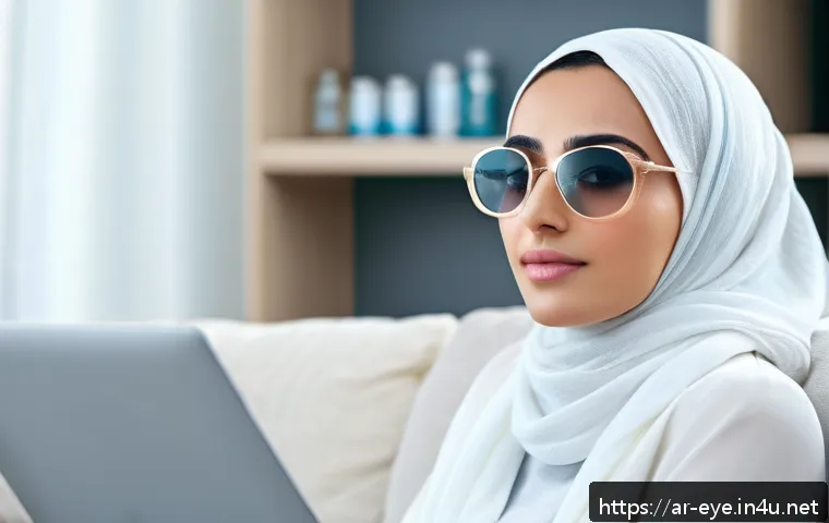 안구건조증 눈물 치료 - A modern Middle Eastern woman sitting comfortably in a bright, clean living room using artificial te...
