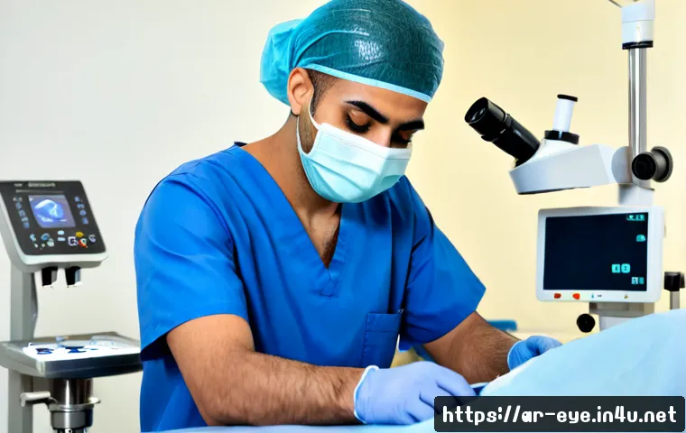 안과 각막이식 수술 - Photorealistic ophthalmology operating room during corneal transplant surgery, skilled Arab eye surg...