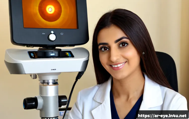 근시 레이저 시술 - Photorealistic modern ophthalmology clinic in an Arab city, a Middle Eastern adult patient wearing m...