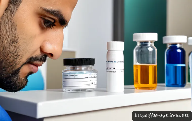 안과 처방 안약 종류 - Photorealistic close-up of an Arab ophthalmologist in a clean modern eye clinic, carefully arranging...